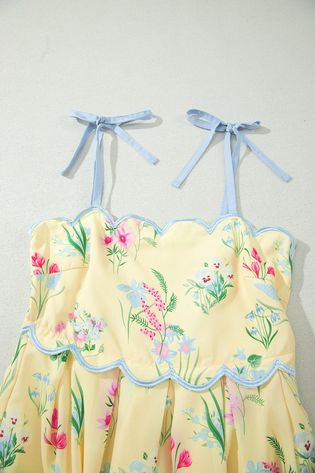 Floral Midi Dress Contrast Trim Self-Tie Straps High Waist Beige Pink Yellow