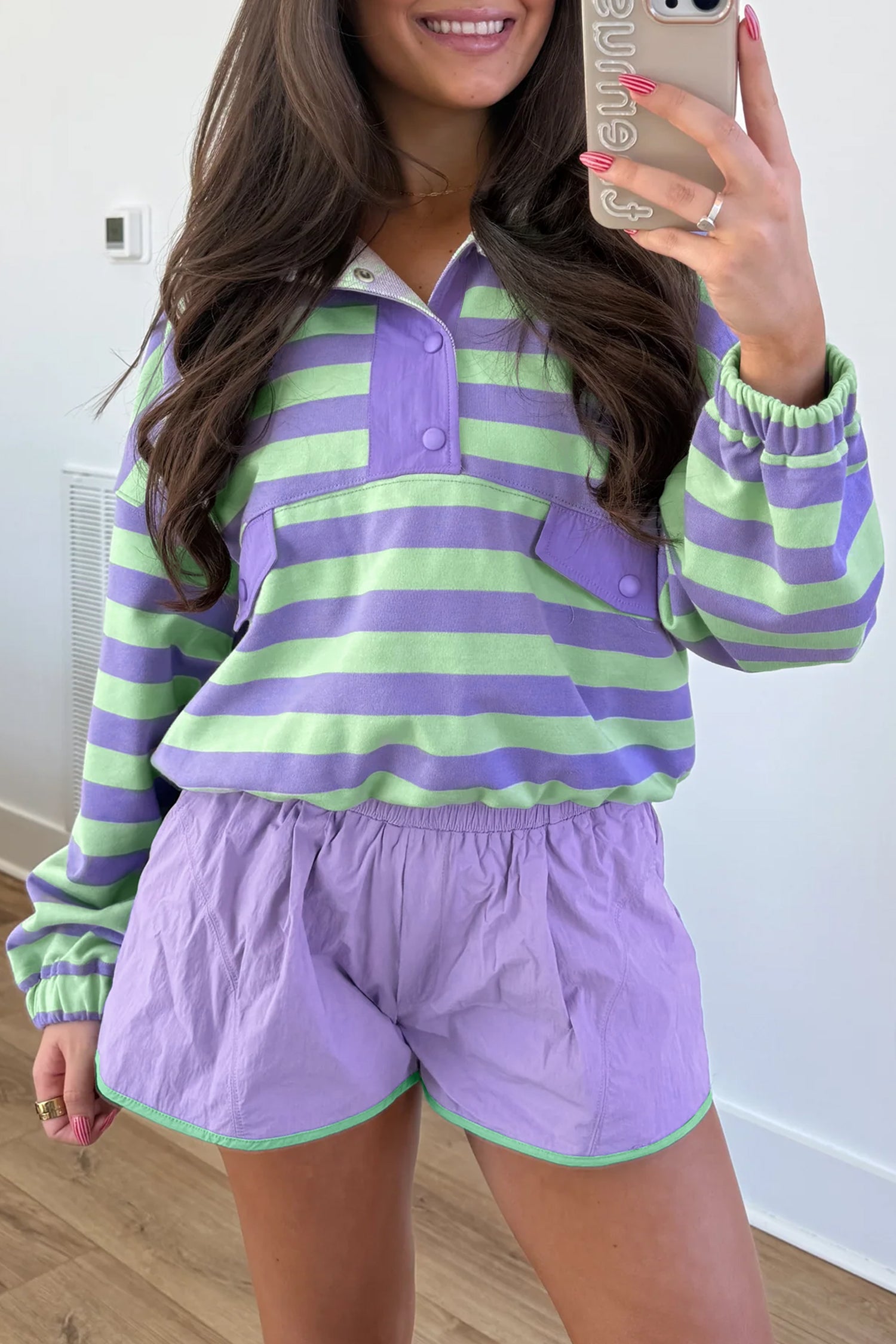 Purple Stripe Half Button Long Sleeve Top & Mix and Match Shorts Set | UK 8–16