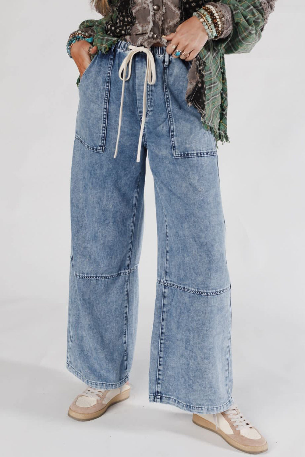 Shop Ashleigh Blue Acid Wash Exposed Seam Drawstring Elastic Waist Barrel Jeans at LivelyLooks