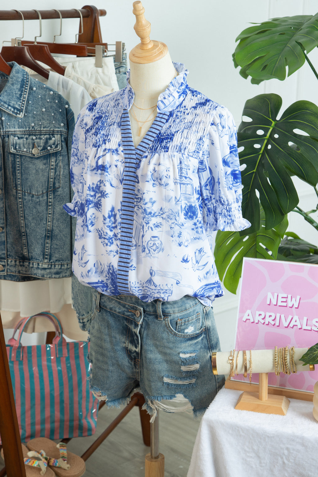 Blue Wild Animal Print Blouse Striped Detail V Neck Short Sleeve Women S-XL