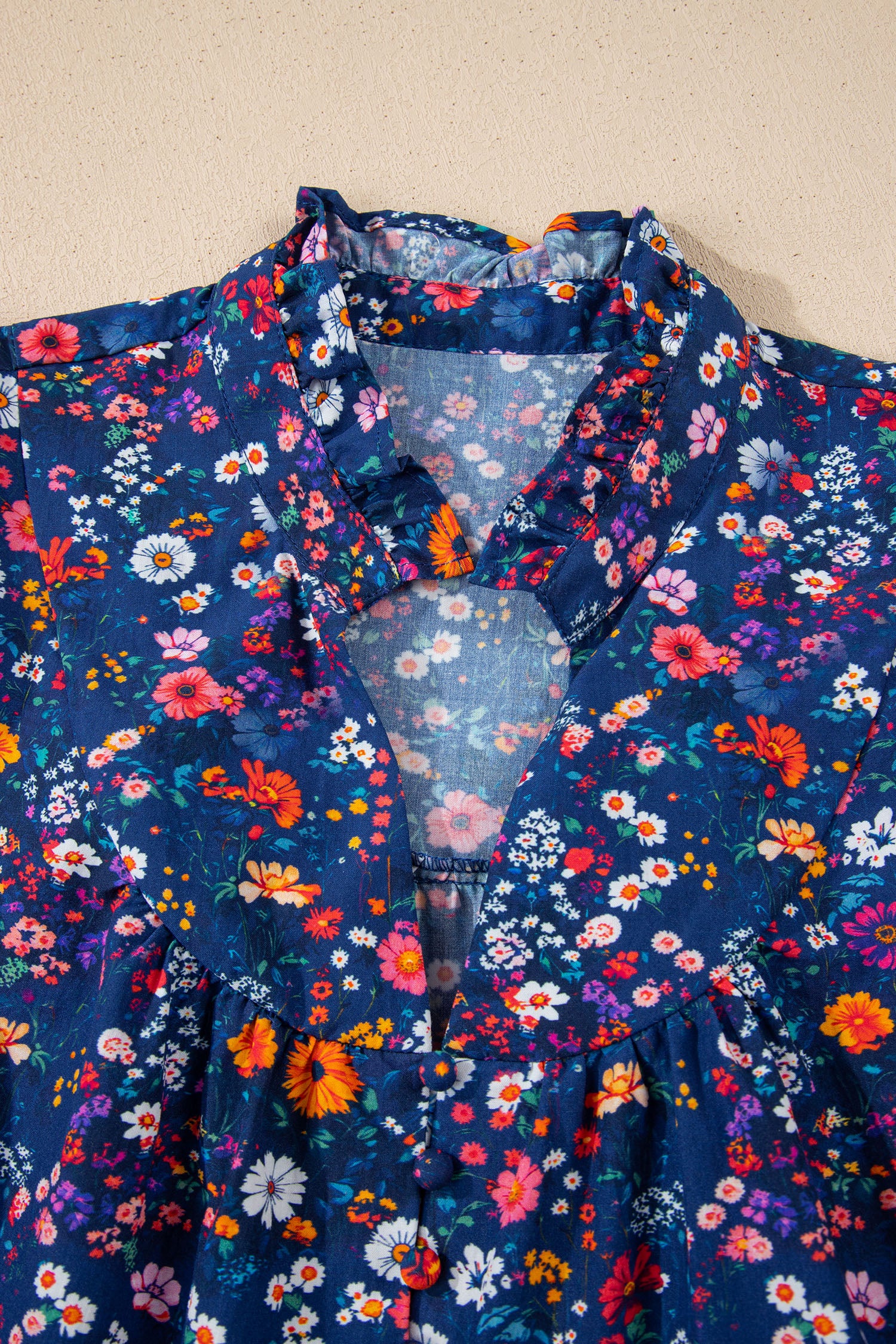 Blue Wild Daisy Floral Split Neck Puff Sleeve Mini Dress S-XL