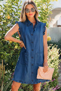 Women's Sail Blue Ruffled Collar Shift Denim Dress with Pockets at LivelyLooks