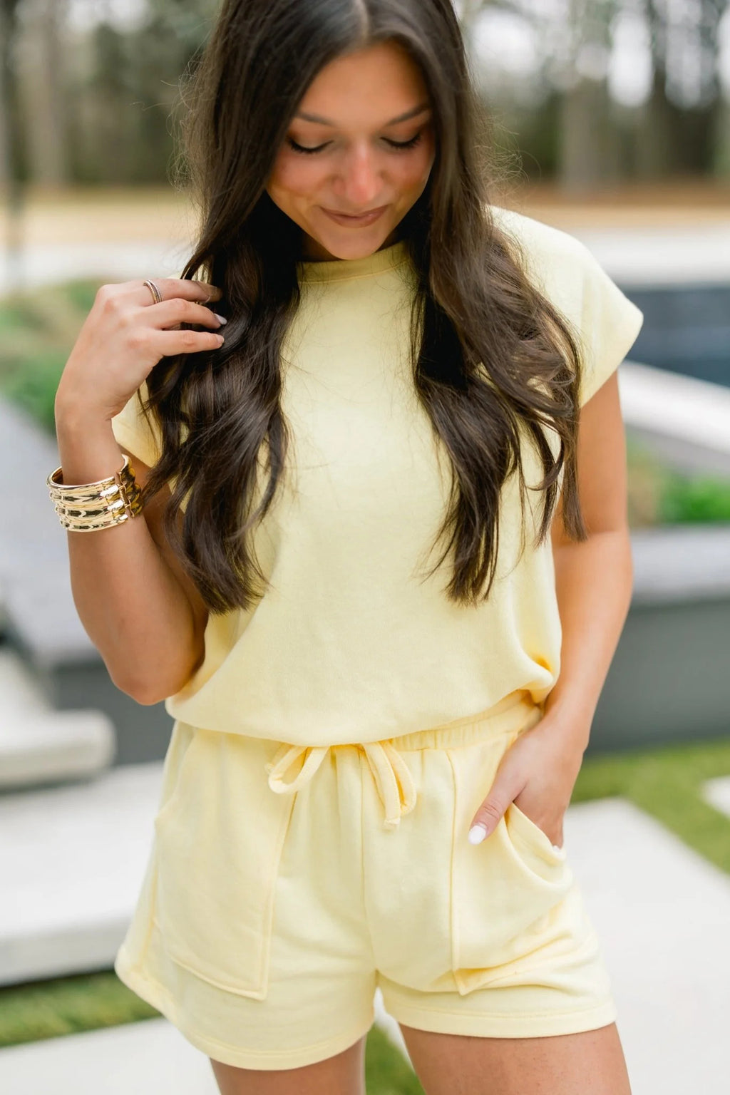 Yellow Cream Solid Tee & Drawstring Shorts Comfy 2-Piece Set