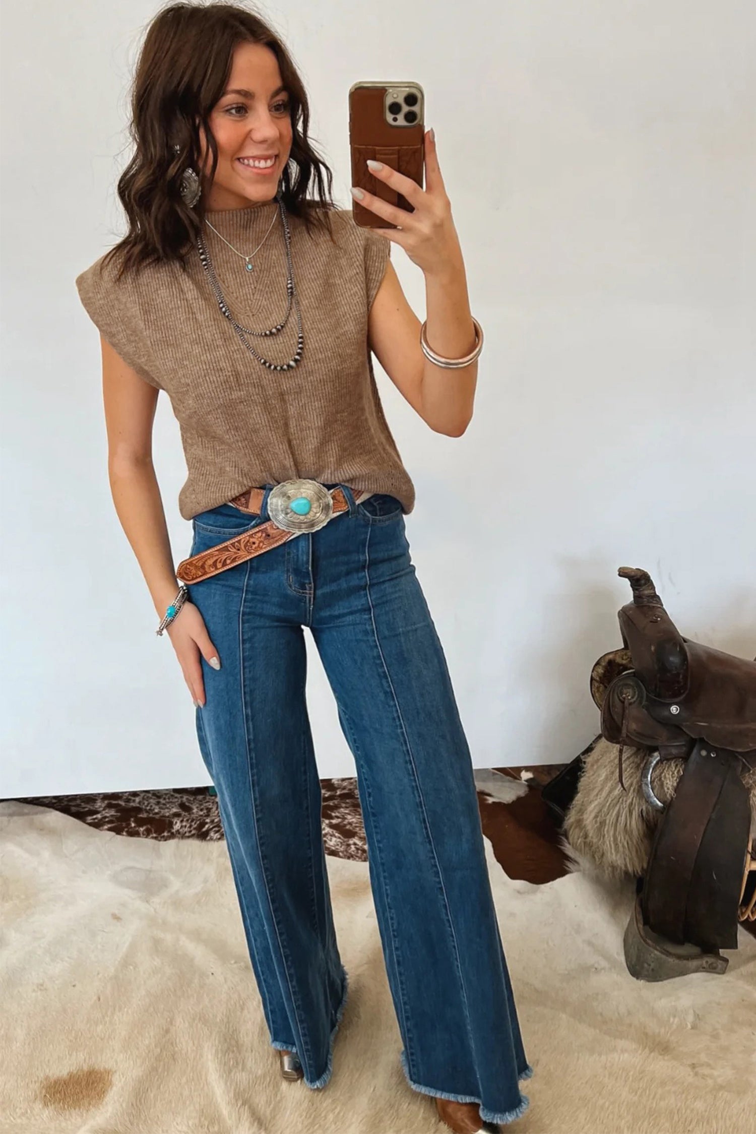 Women's Light French Beige Solid Color Ribbed Knit Mock Neck Loose Sleeveless Sweater at LivelyLooks