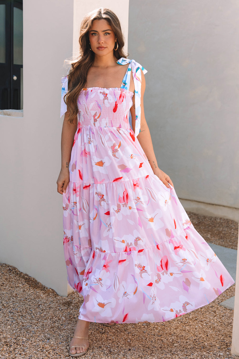 Women's Pink Floral Print Knotted Shoulder Smocked Maxi Dress Summer Boho Casual Sundress at LivelyLooks