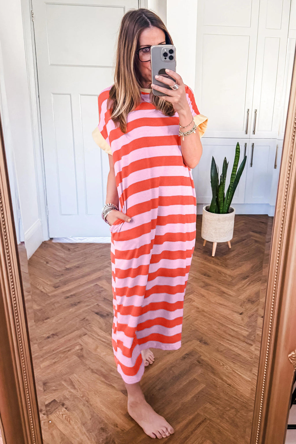 Rose & Orange Stripe Cuffed Short Sleeve Pocketed T-Shirt Maxi Dress | UK 8–22