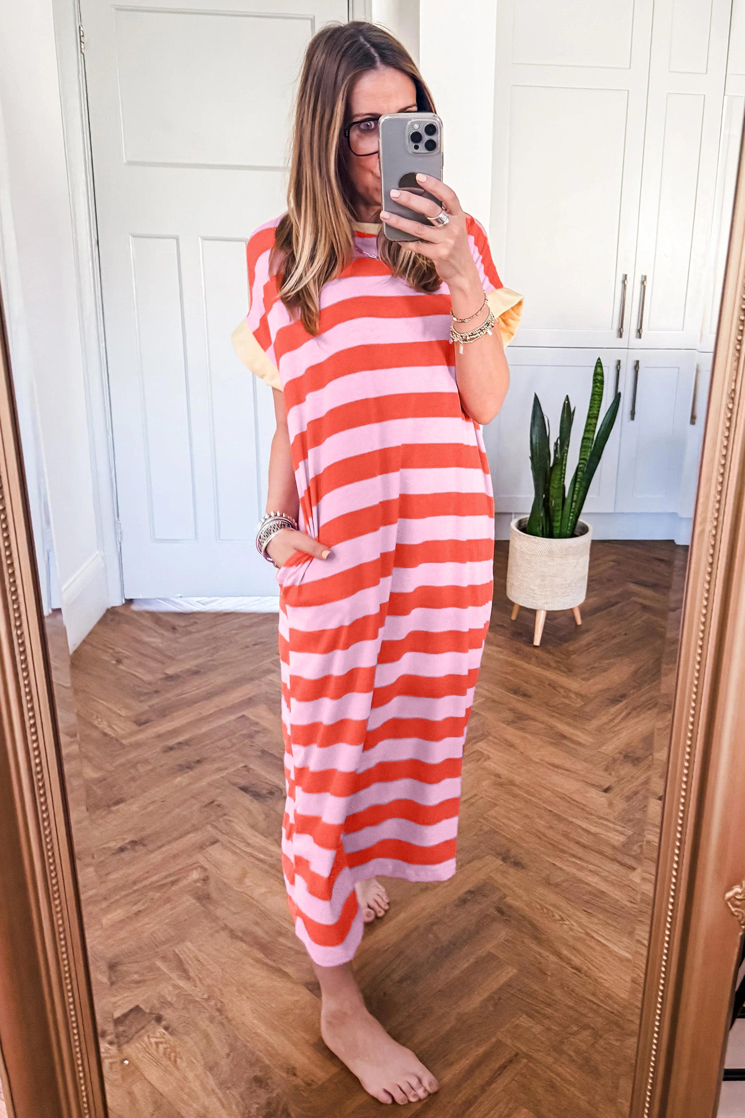 Rose & Orange Stripe Cuffed Short Sleeve Pocketed T-Shirt Maxi Dress | UK 8–22