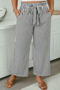 Women's Black Stripe Plus Size Loose Straight Casual Trousers at LivelyLooks