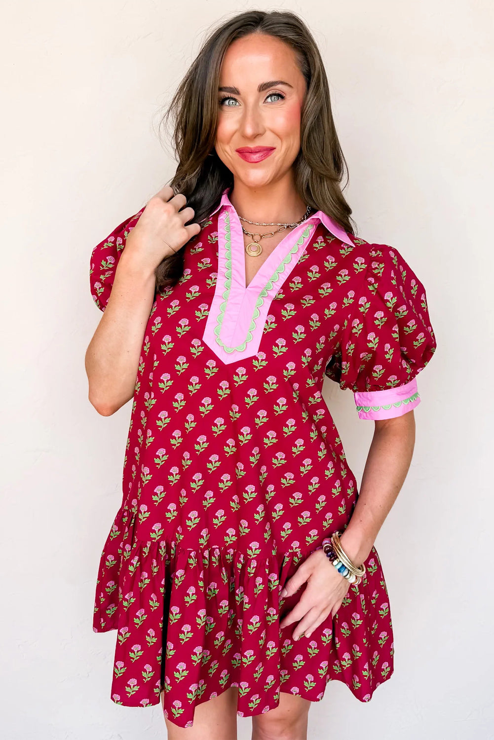 Red Floral Print Mini Dress Contrast V Neck Short Bubble Sleeve Women S-XL