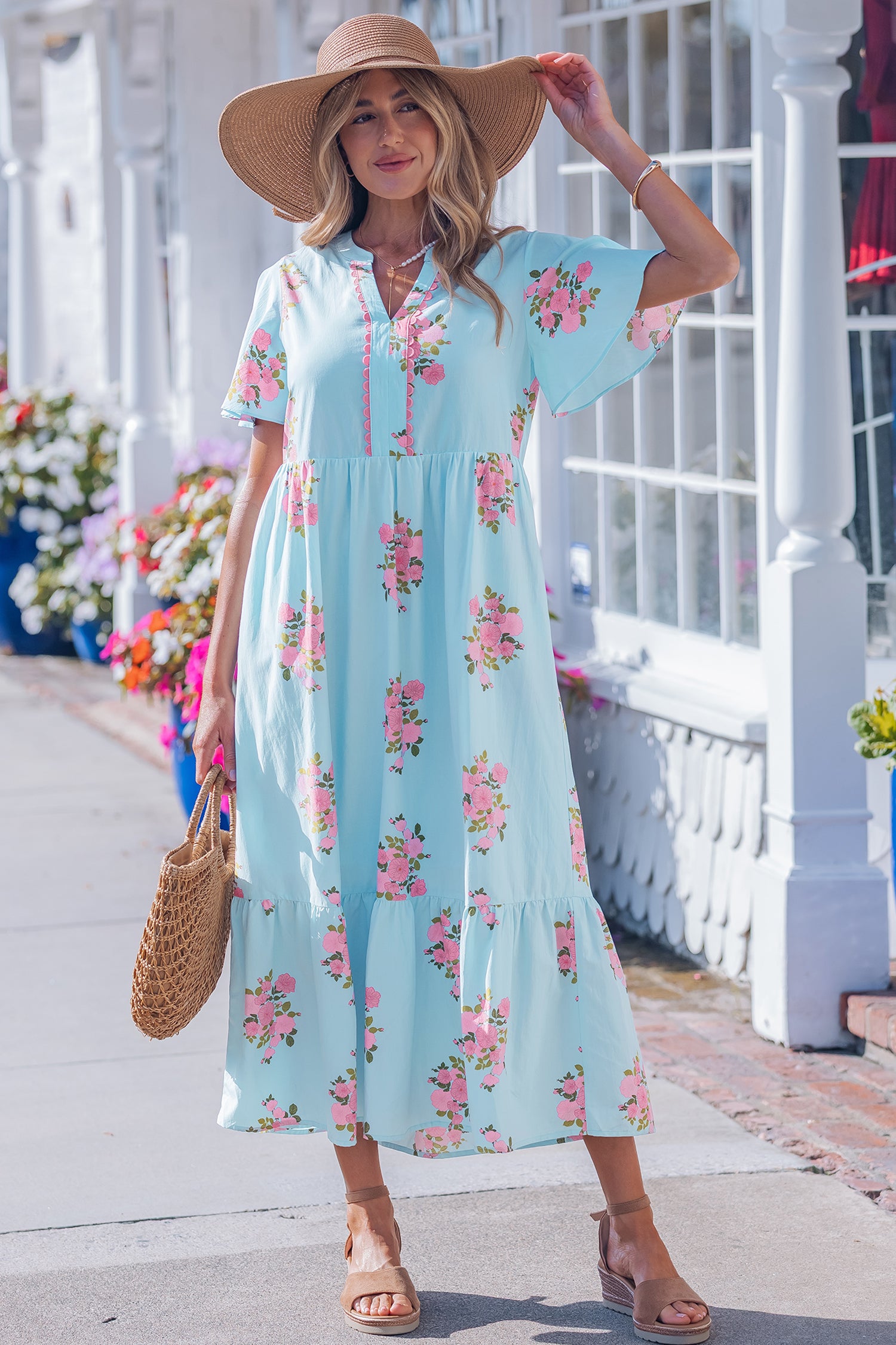 Women's Women's Floral Maxi Dress Flutter Sleeve Notched Neck Summer Holiday Pink Blue at LivelyLooks