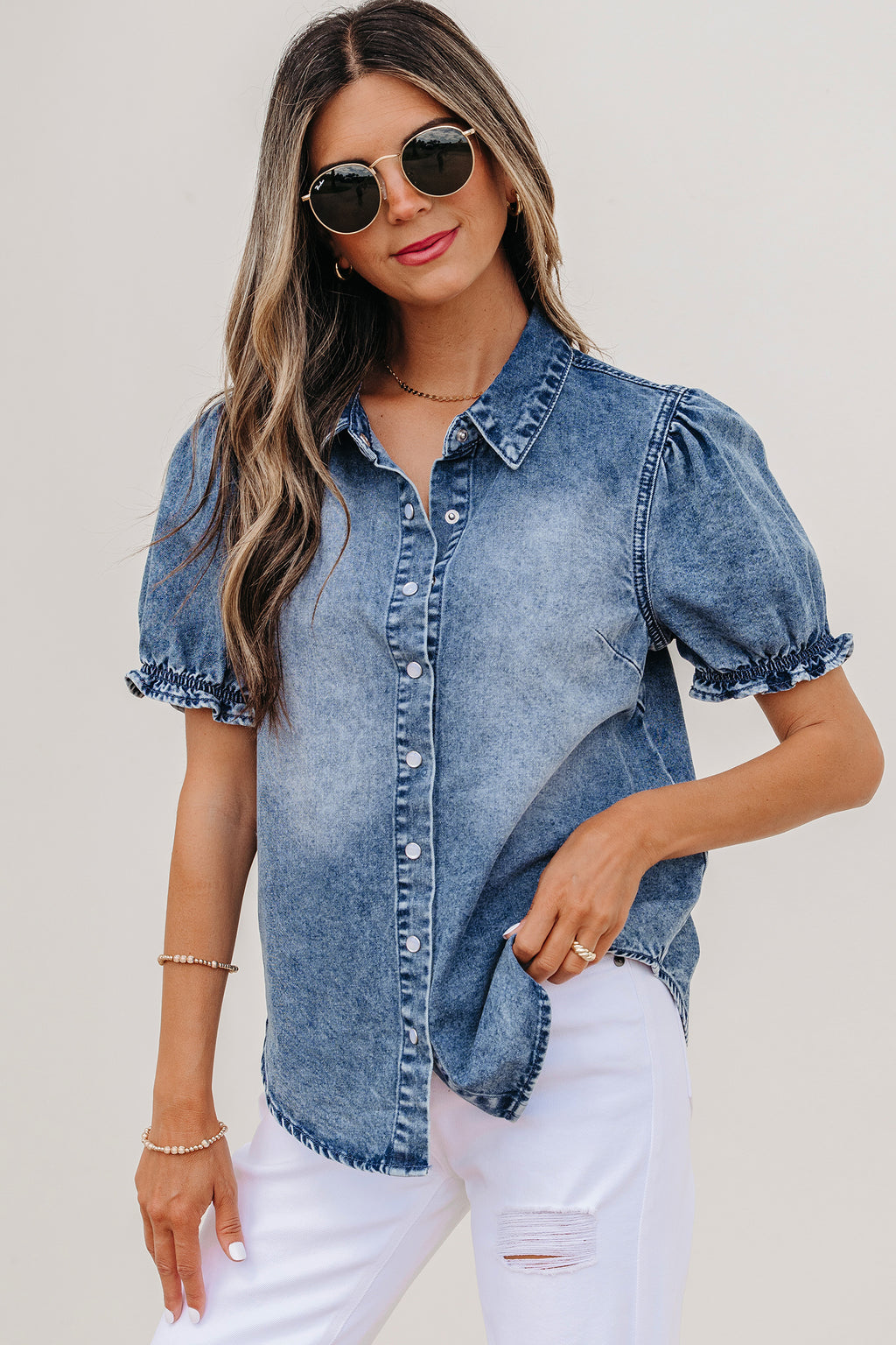LivelyLooks Beau Blue Frilled Short Sleeve Snap Button Denim Shirt women's fashion