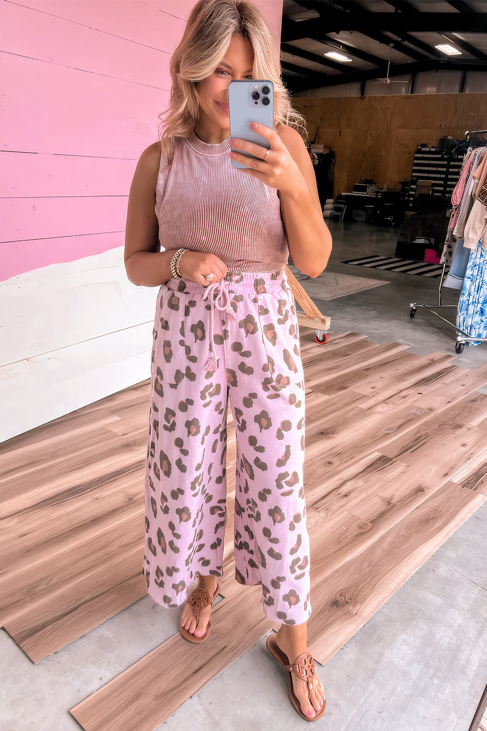 Women's Leopard Print Wide Leg Trousers Drawstring Waist S-XL at LivelyLooks