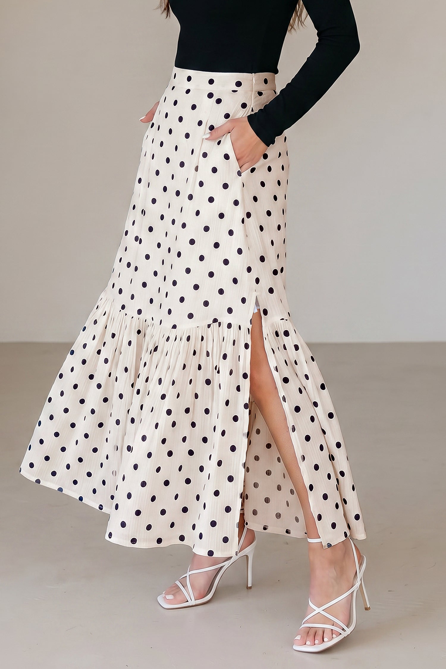 White Polka Dot Ruffle Split Hem Maxi Skirt with Pockets