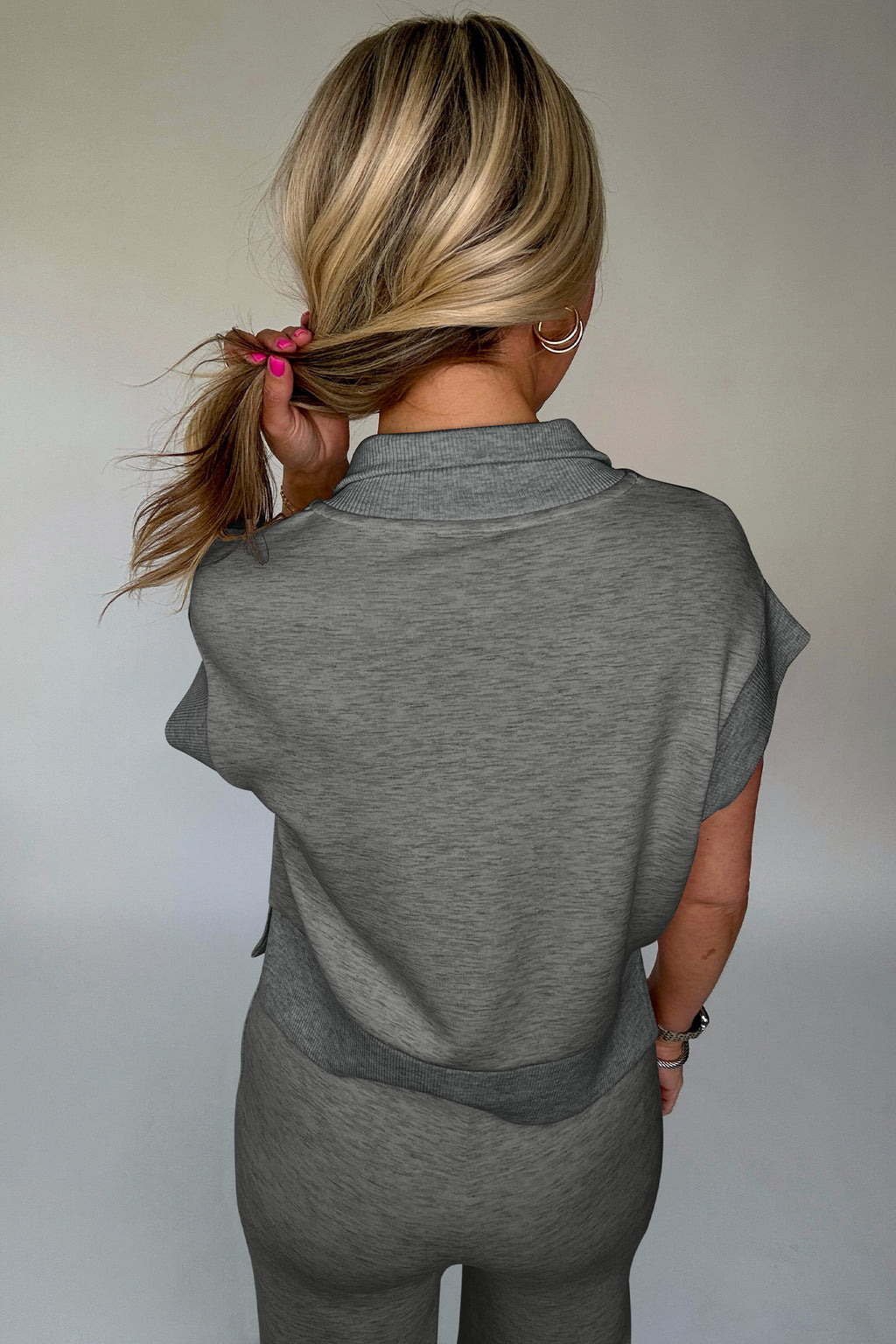 Half Zip Polo Tee & Casual Pant Set Grey Light Grey Beau Blue Women S-XL