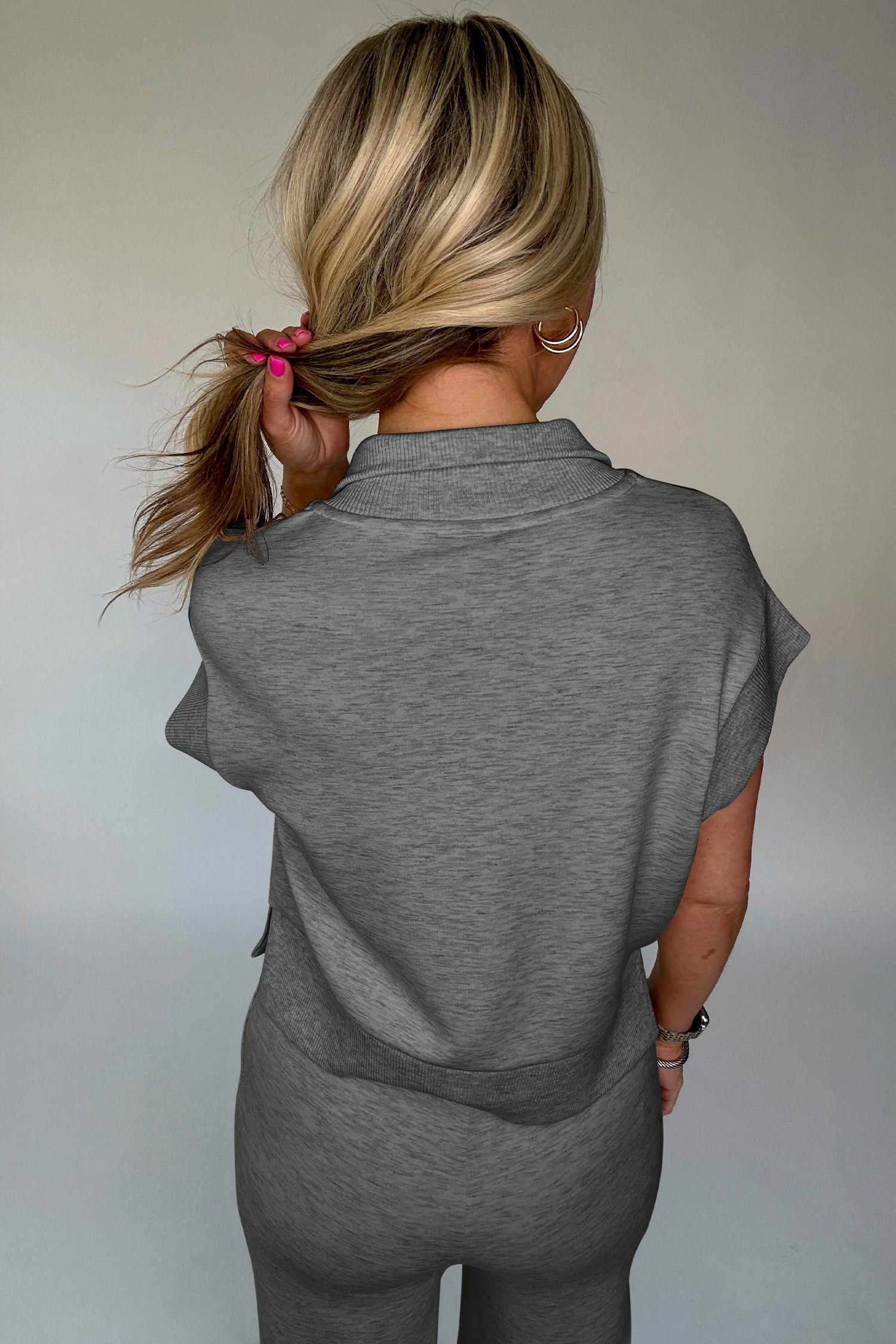 Half Zip Polo Tee & Casual Pant Set Grey Light Grey Beau Blue Women S-XL