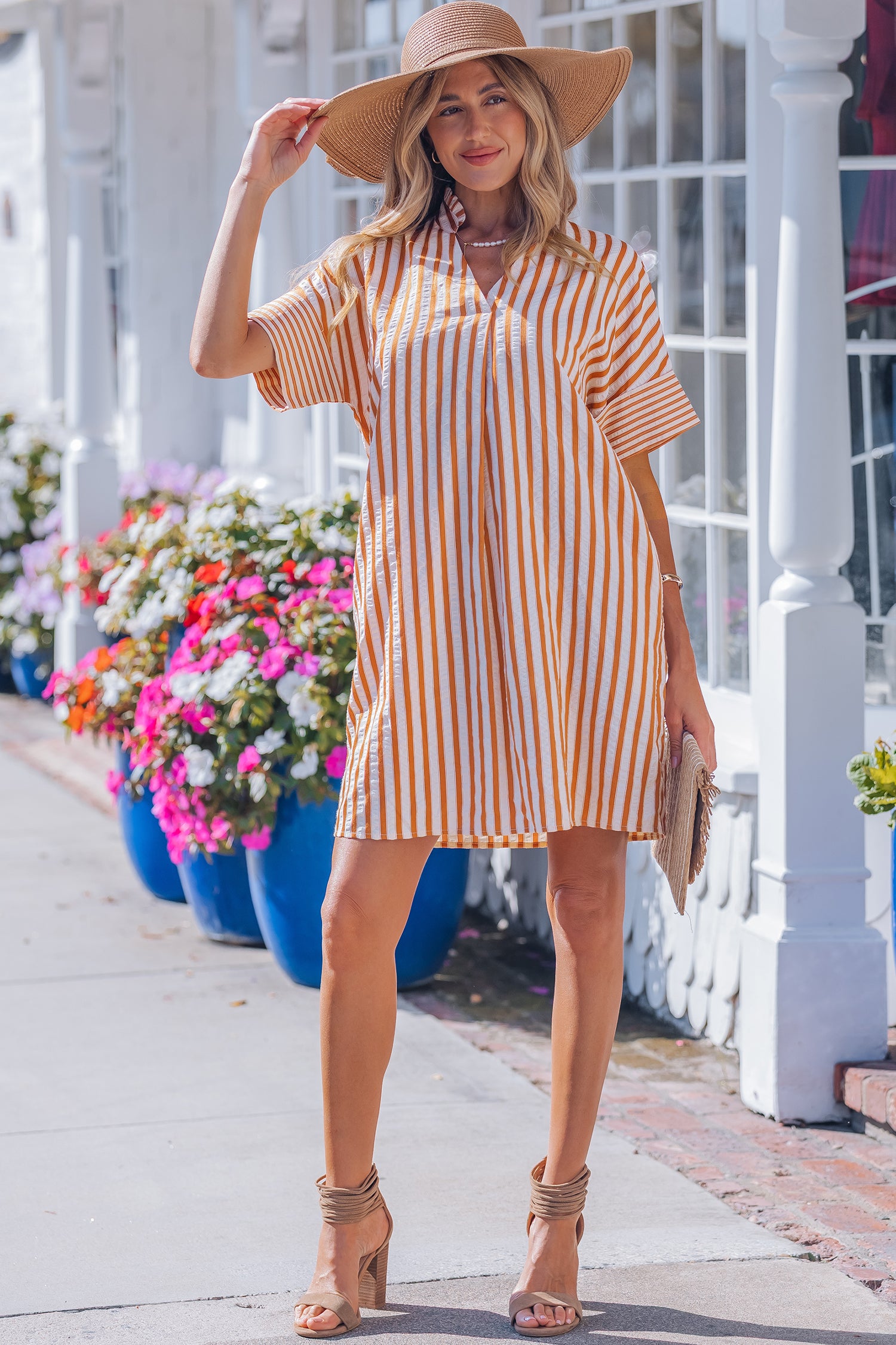 Stripe Pinched V-Neck Shift Mini Dress | Brown Stripe