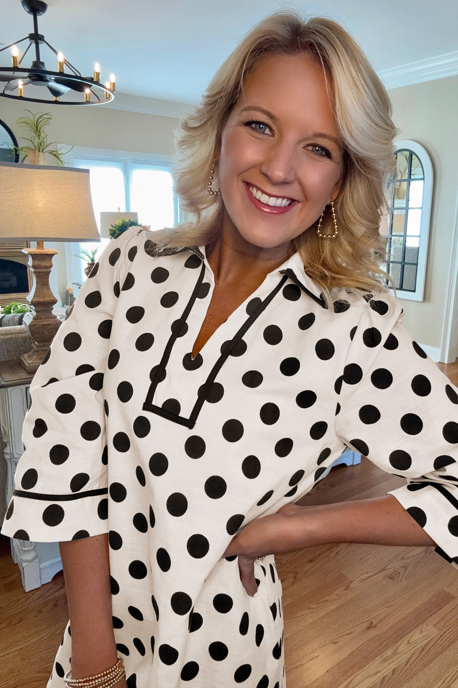 White Polka Dot Half Sleeve Collar V Neck Pocketed Casual Mini Dress | UK 10–18