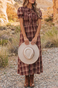 Red Vintage Plaid Knot Front Smocked High Waist Midi Dress S-XL