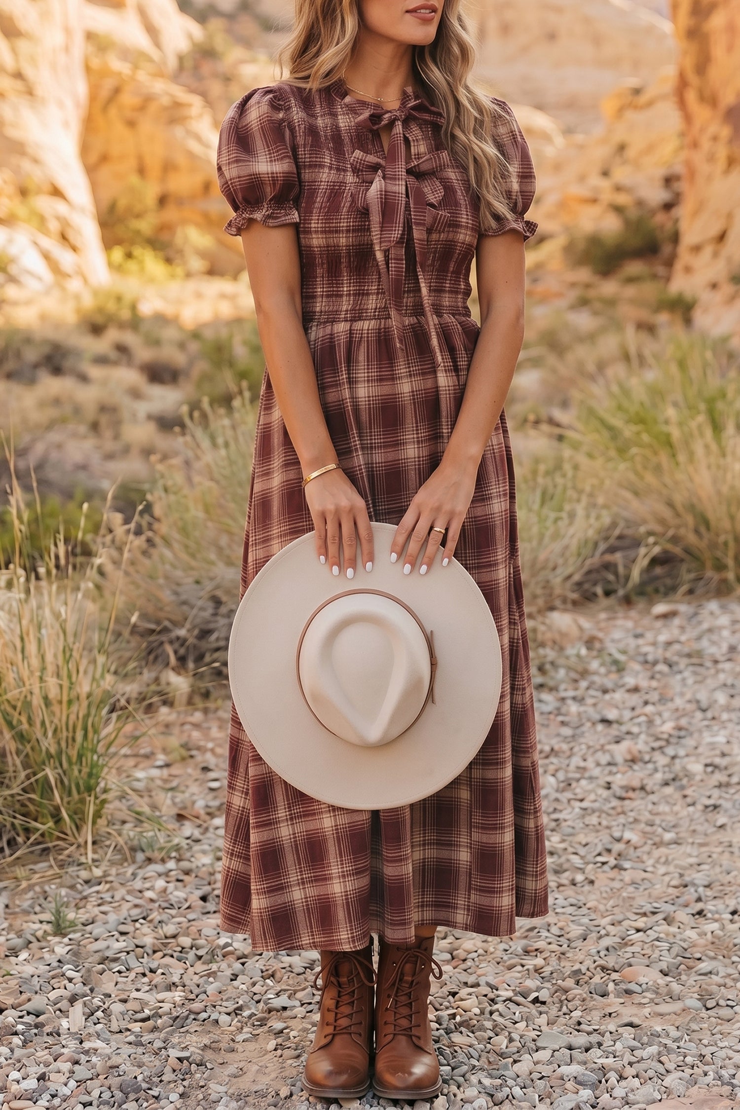 Red Vintage Plaid Knot Front Smocked High Waist Midi Dress S-XL