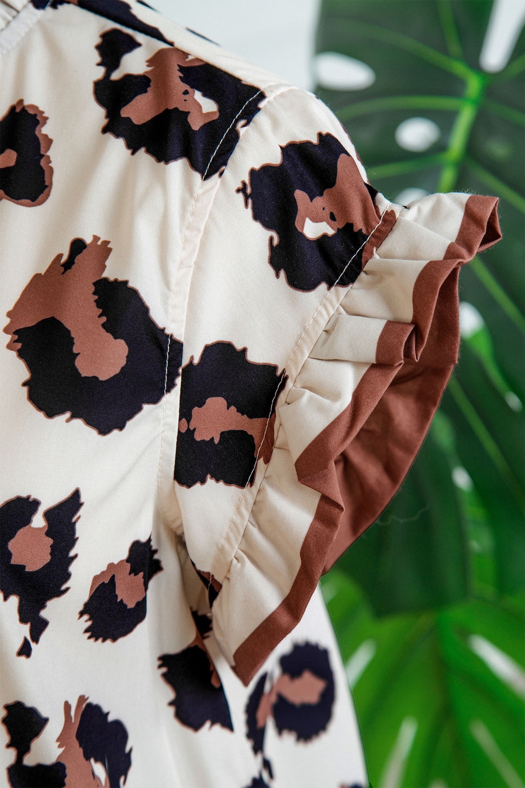 Khaki Leopard Printed Ruffle Sleeve Summer Blouse Animal Pattern Holiday Top