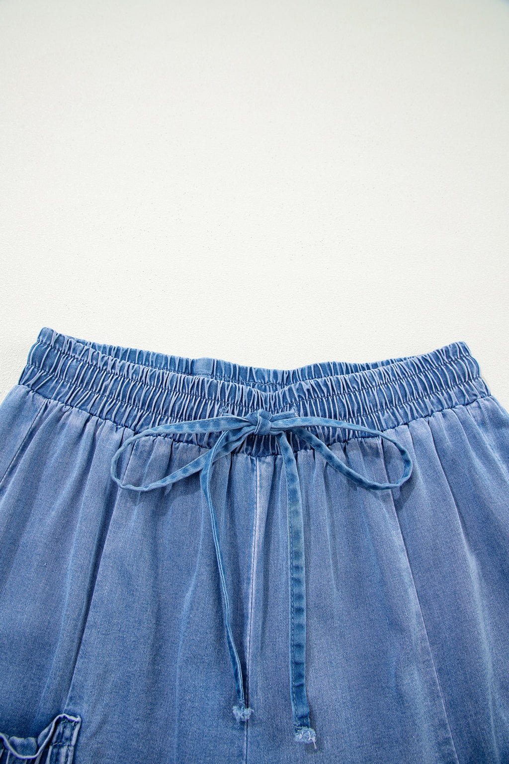 Beau Blue Drawstring Elastic Waist Pocketed Loose Denim Pants | UK 8–18