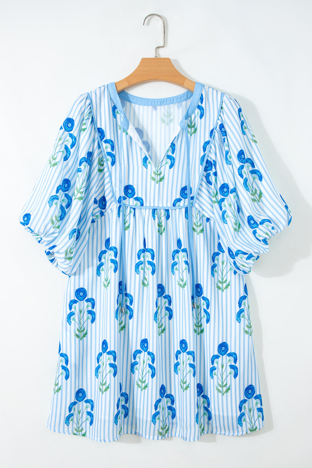 Pink & Sky Blue Floral Stripe Tie Notched Neck Puff Sleeve Mini Dress S-XL