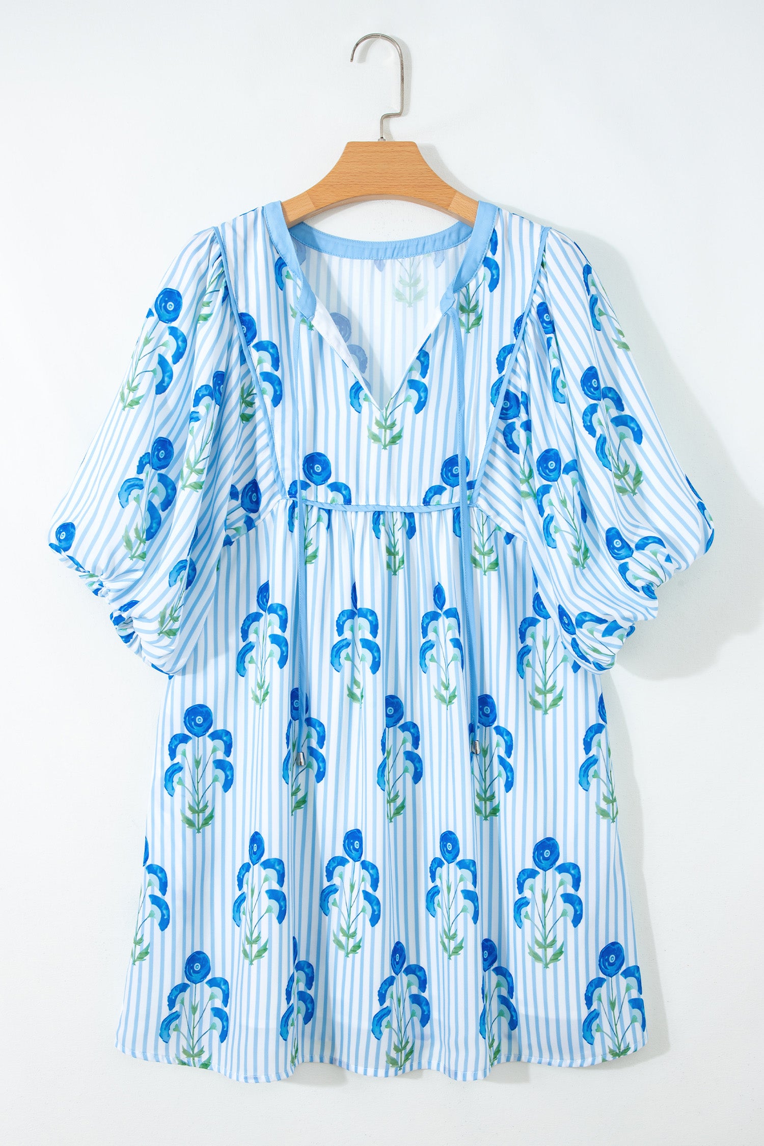 Pink & Sky Blue Floral Stripe Tie Notched Neck Puff Sleeve Mini Dress S-XL