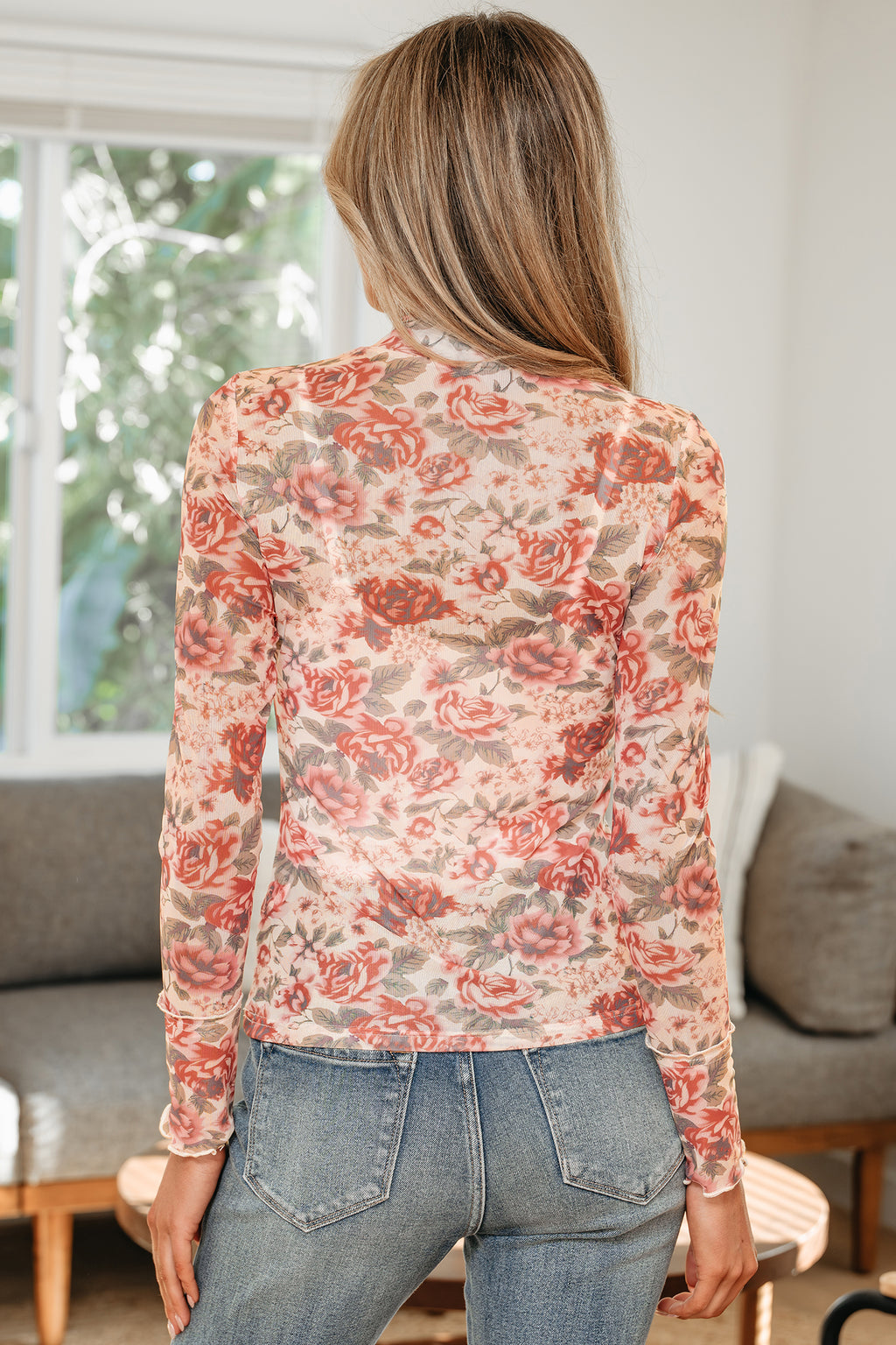Shop White Retro Floral Mesh Mock Neck Long Sleeve Top at LivelyLooks