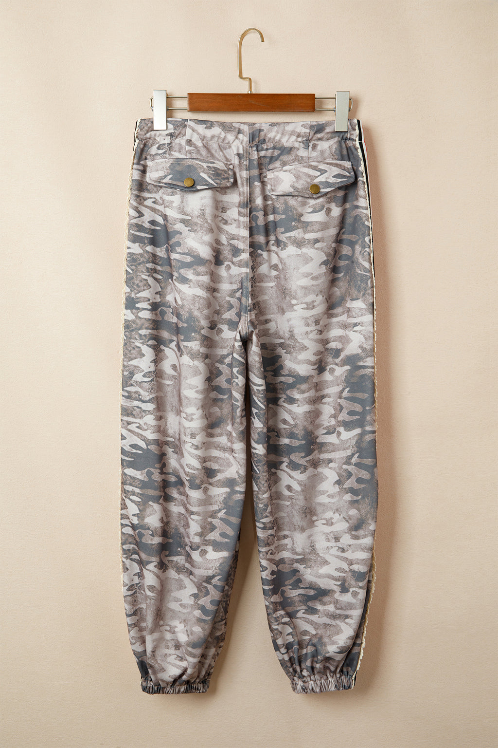 Camouflage Print Drawstring Pants Striped Side Panel Green Khaki Women S-XL