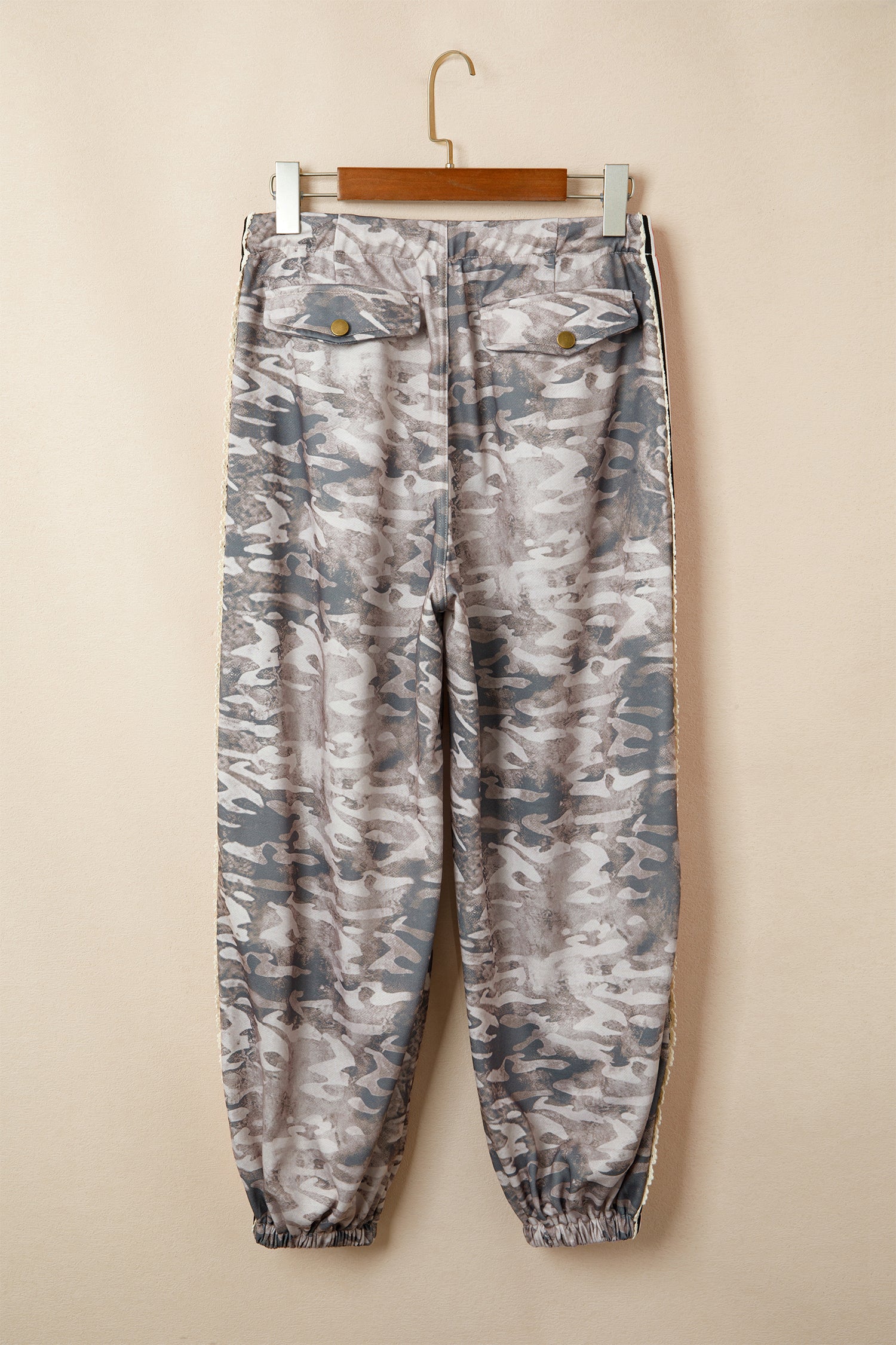 Camouflage Print Drawstring Pants Striped Side Panel Green Khaki Women S-XL