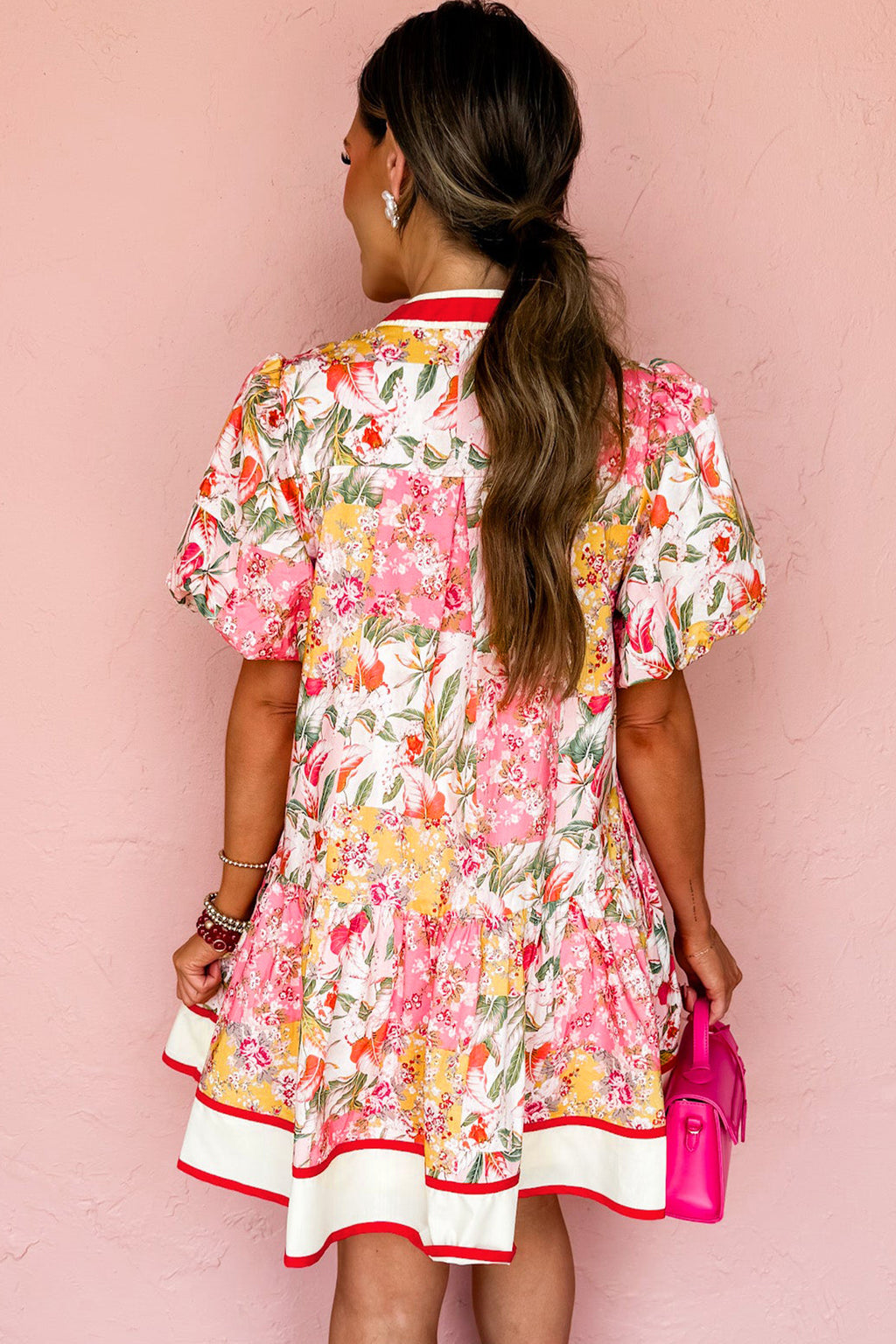 Pink Colour Block Floral Contrast Trim V Neck Ruffle Hem Mini Dress S-XL