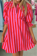 Women's Striped Puff Sleeve Mini Dress | Half Button Loose Fit | Red & Yellow at LivelyLooks