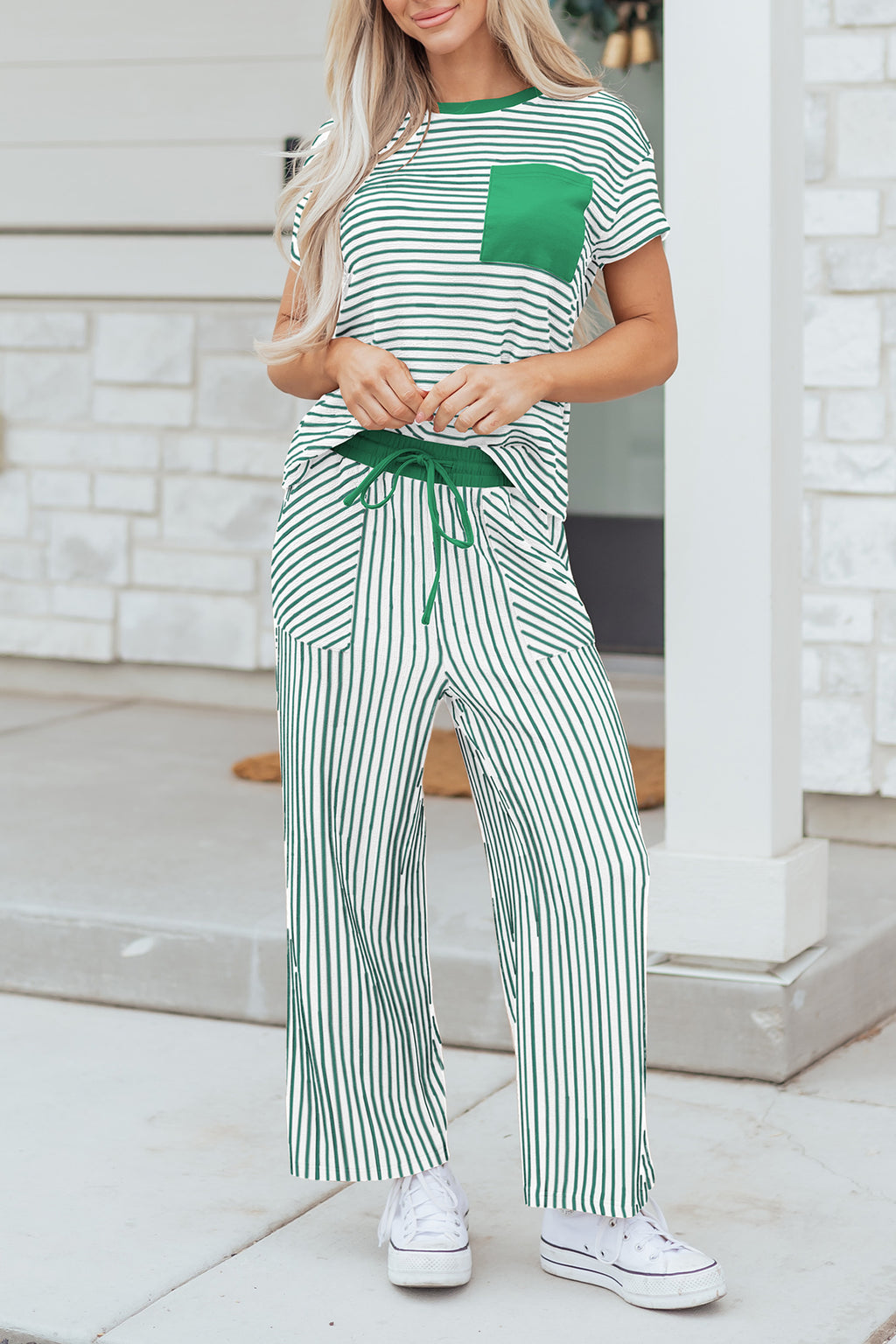 Stripe Crew Neck Tee & Drawstring Cropped Trousers Set | 4 Colours | Sizes 8-22
