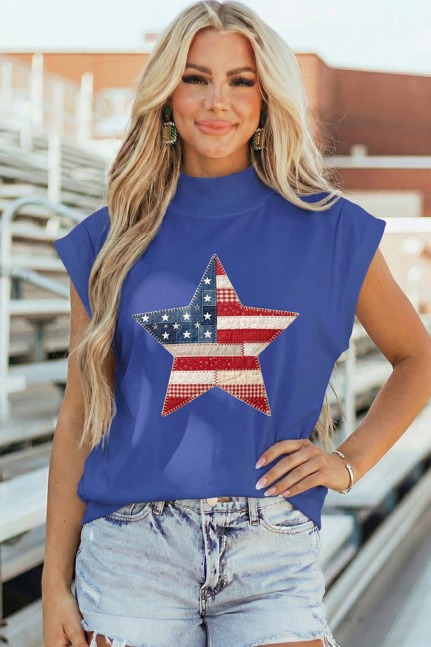Women's Sky Blue Faux Patchwork Patriotic Star Printed High Neck Top at LivelyLooks