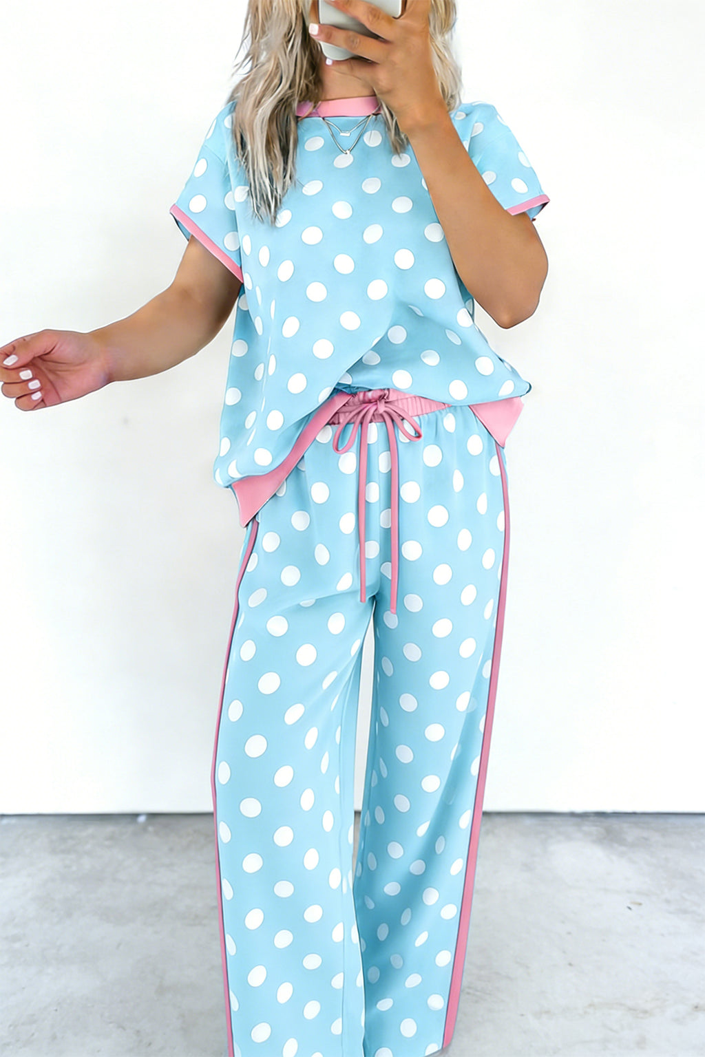 Sky Blue Polka Dot Short Sleeve Top & Wide Leg Trouser Set