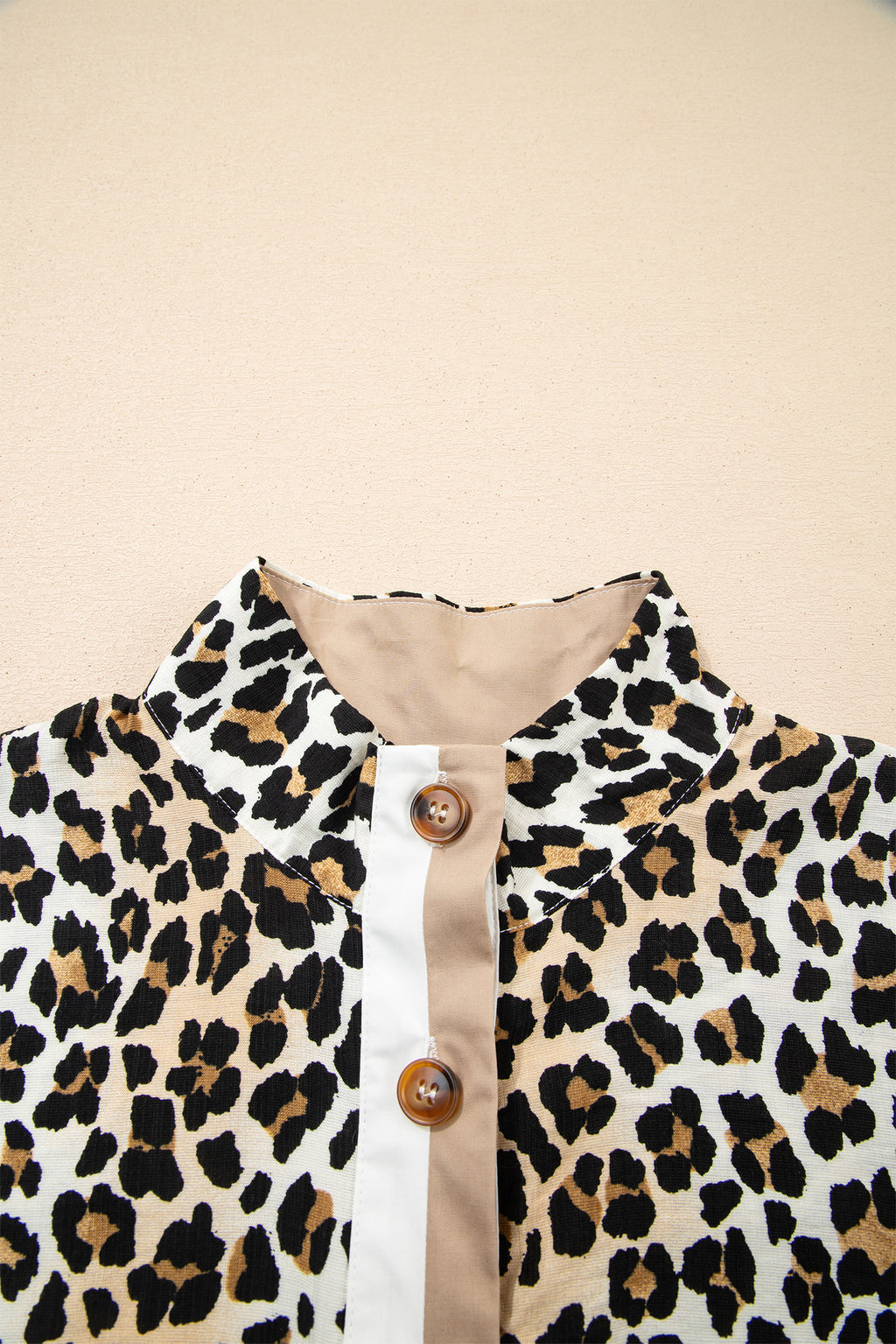 Women's Multicolour Half Buttons Short Sleeve Loose Leopard Mini Dress with Pockets at LivelyLooks