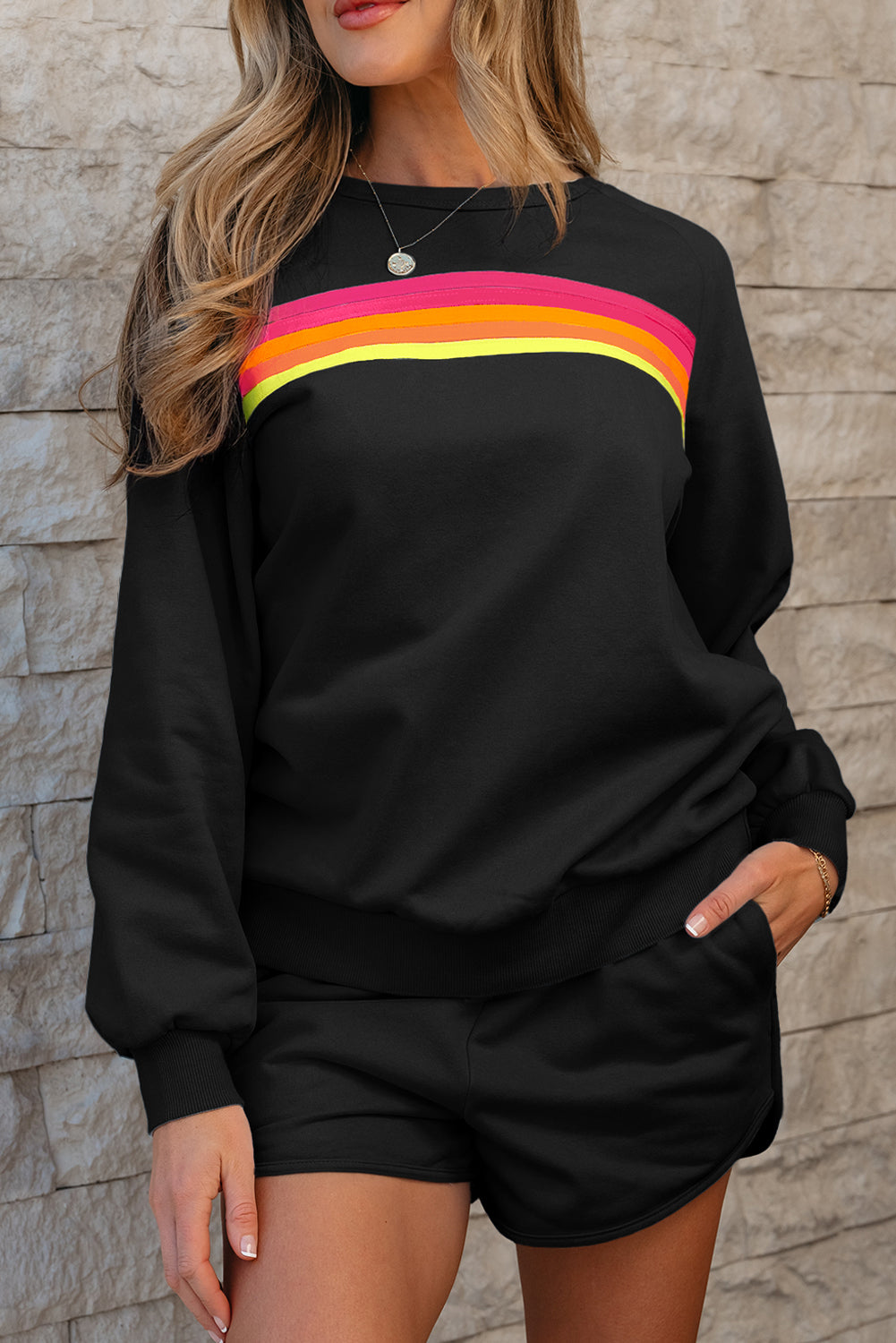 Women's Striped Accent Pullover and Shorts Two Piece Co-ord Set Casual Summer Loungewear at LivelyLooks