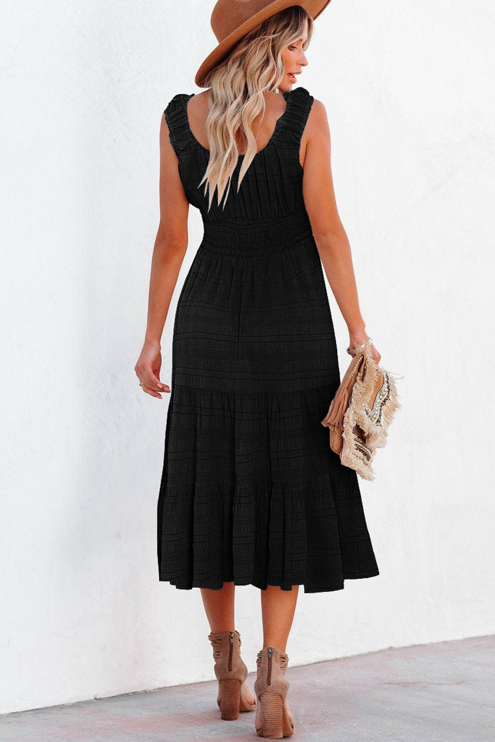 Shop Shirred Pleated Square Neck Sleeveless Midi Dress | S-XL at LivelyLooks