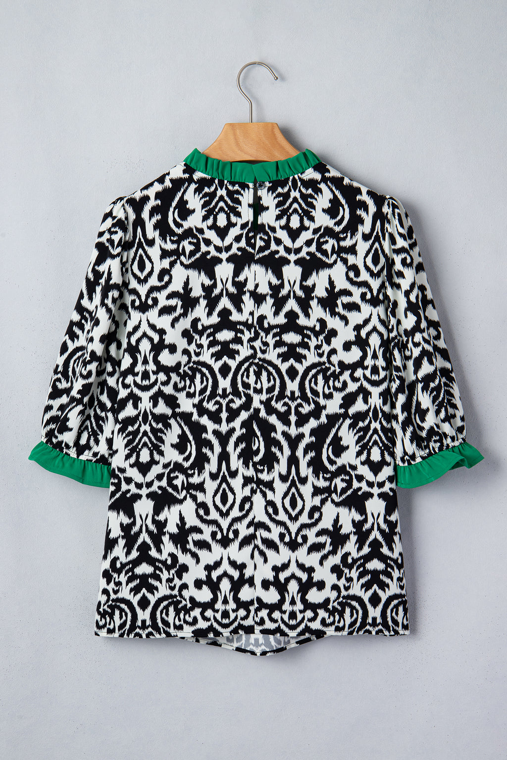 LivelyLooks Green Damask Print Ruffled Color Block Detail Half Sleeve Blouse women's fashion
