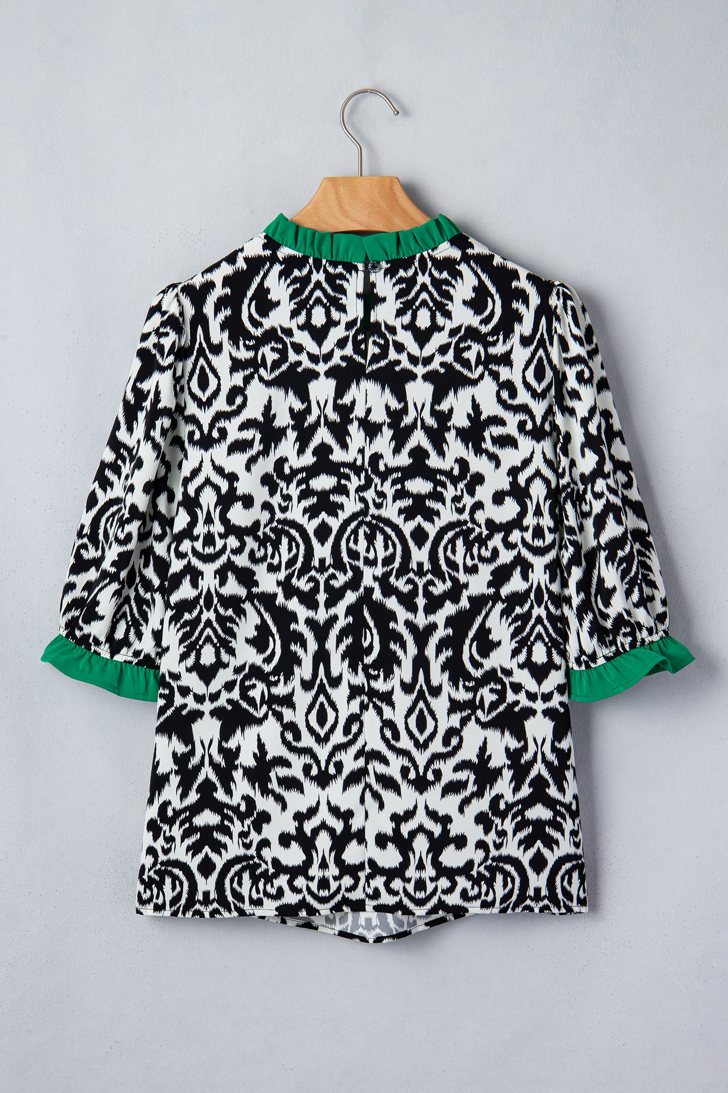 LivelyLooks Green Damask Print Ruffled Color Block Detail Half Sleeve Blouse women's fashion