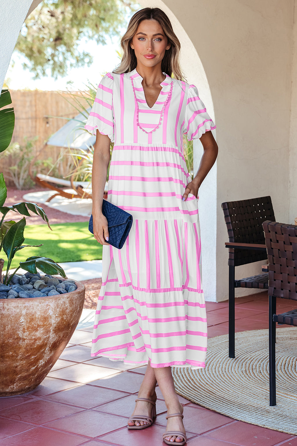 Shop Women's Stripe Ricrac Trim Notched V-Neck Puff Sleeve Midi Dress Pink at LivelyLooks