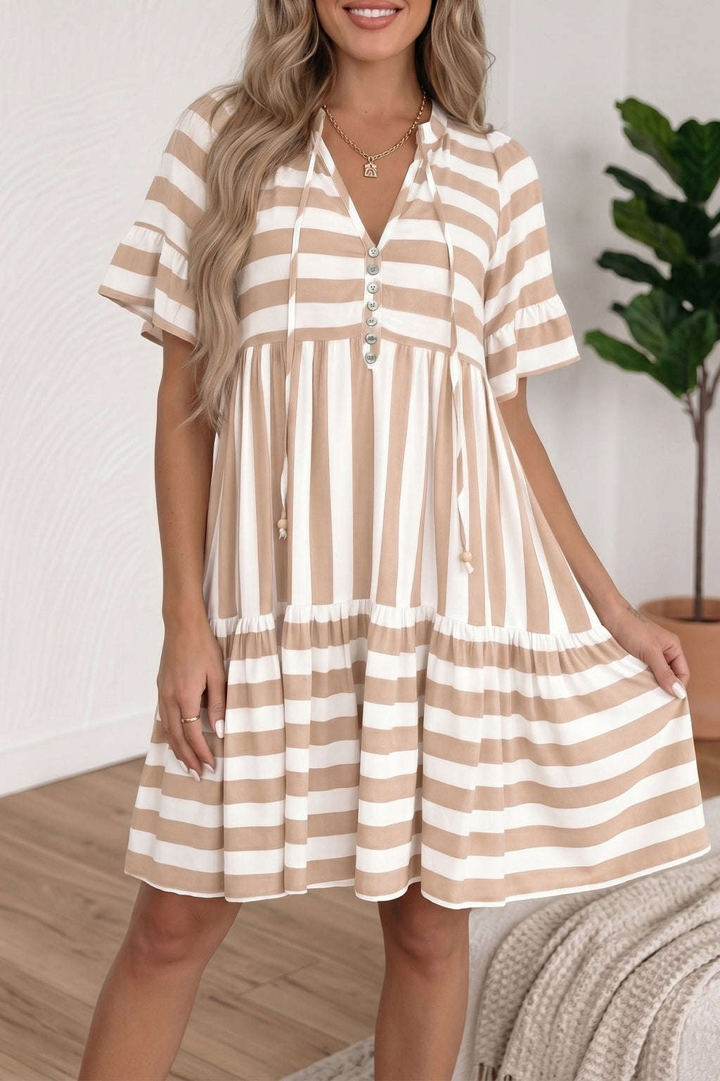 Khaki Stripe Tie V-Neck Ruffle Sleeve Flared Summer Dress | Side Pockets