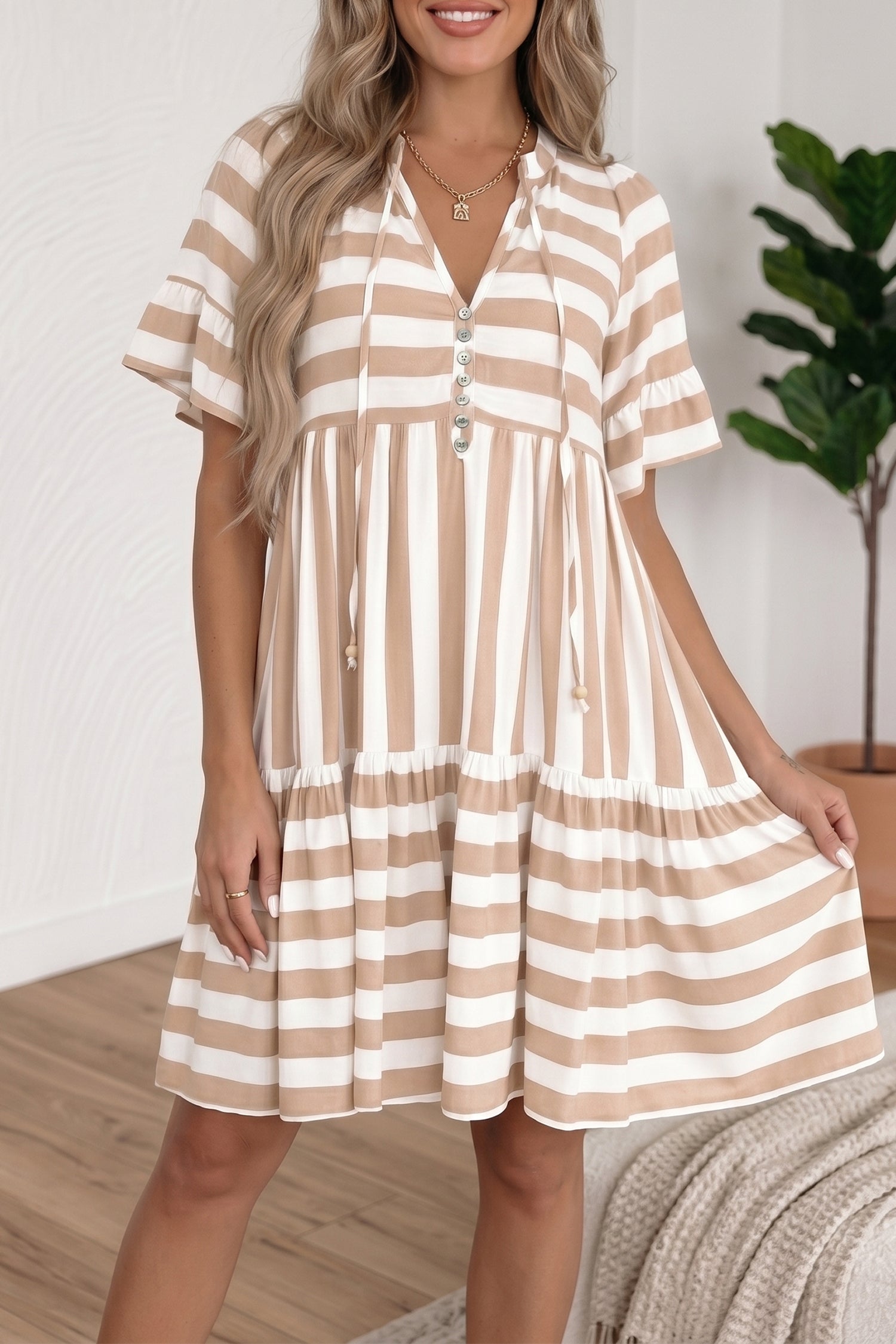 Khaki Stripe Tie V-Neck Ruffle Sleeve Flared Summer Dress | Side Pockets