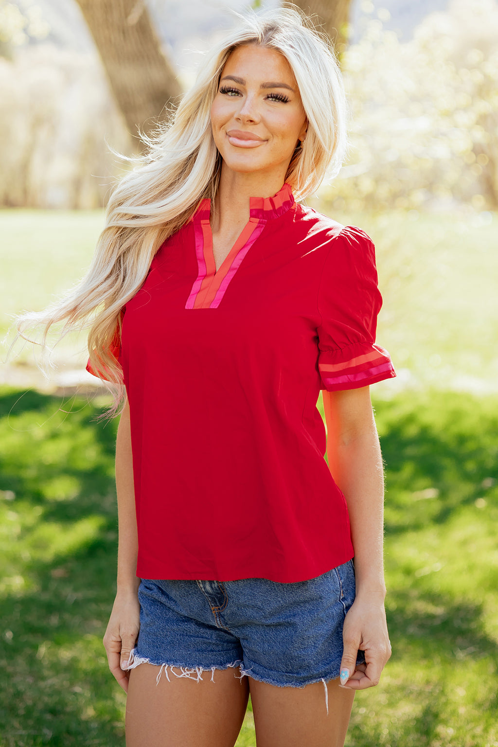 Striped Frilled Collar Ruffled Blouse Short Sleeve Green Sky Blue Fiery Red S-XL