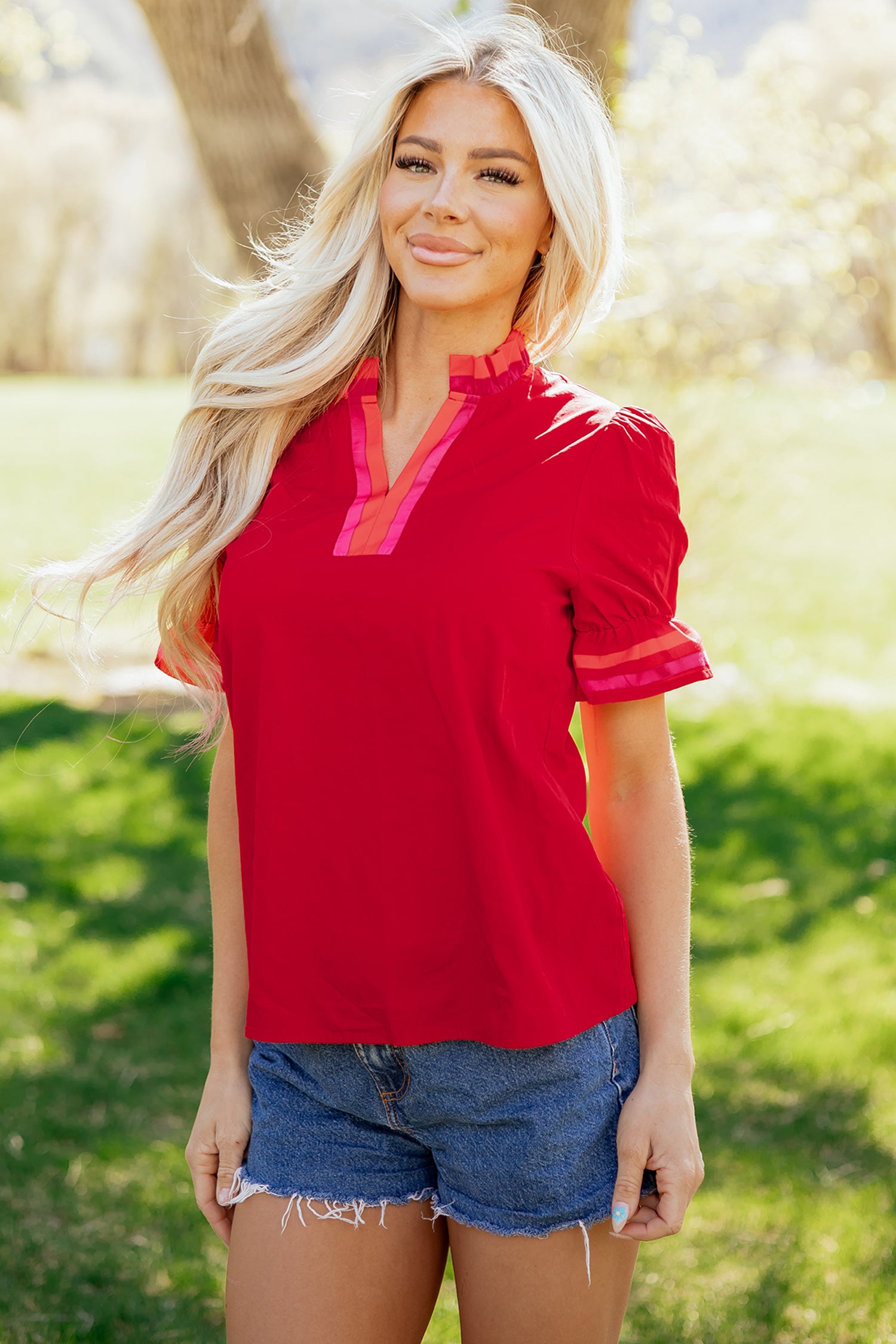 Striped Frilled Collar Ruffled Blouse Short Sleeve Green Sky Blue Fiery Red S-XL