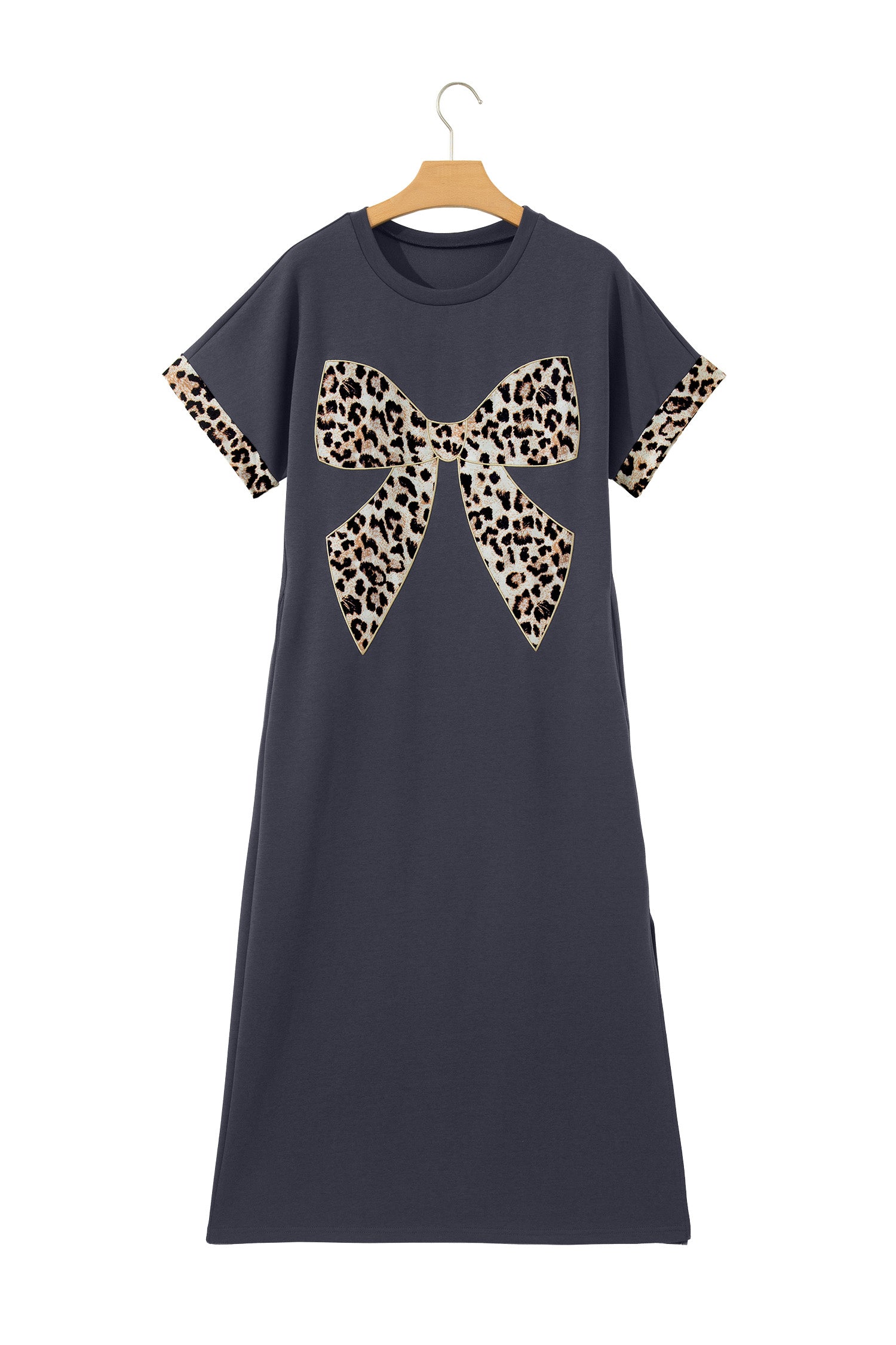 Women's White Grey Leopard Bow T-Shirt Maxi Dress Thigh Slit Cuffed UK 8-22 at LivelyLooks