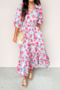 Women's Red Elegant Floral Puff Sleeve Midi Dress at LivelyLooks