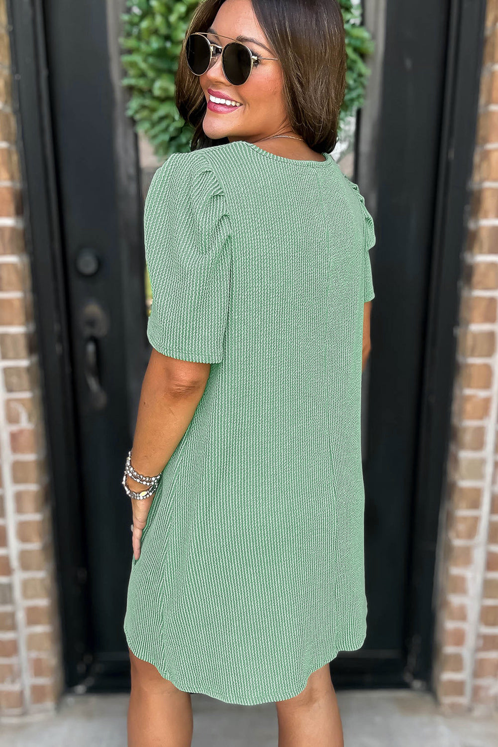 Corded Knit Crew Neck Puff Sleeve Shift Mini Dress S-XL