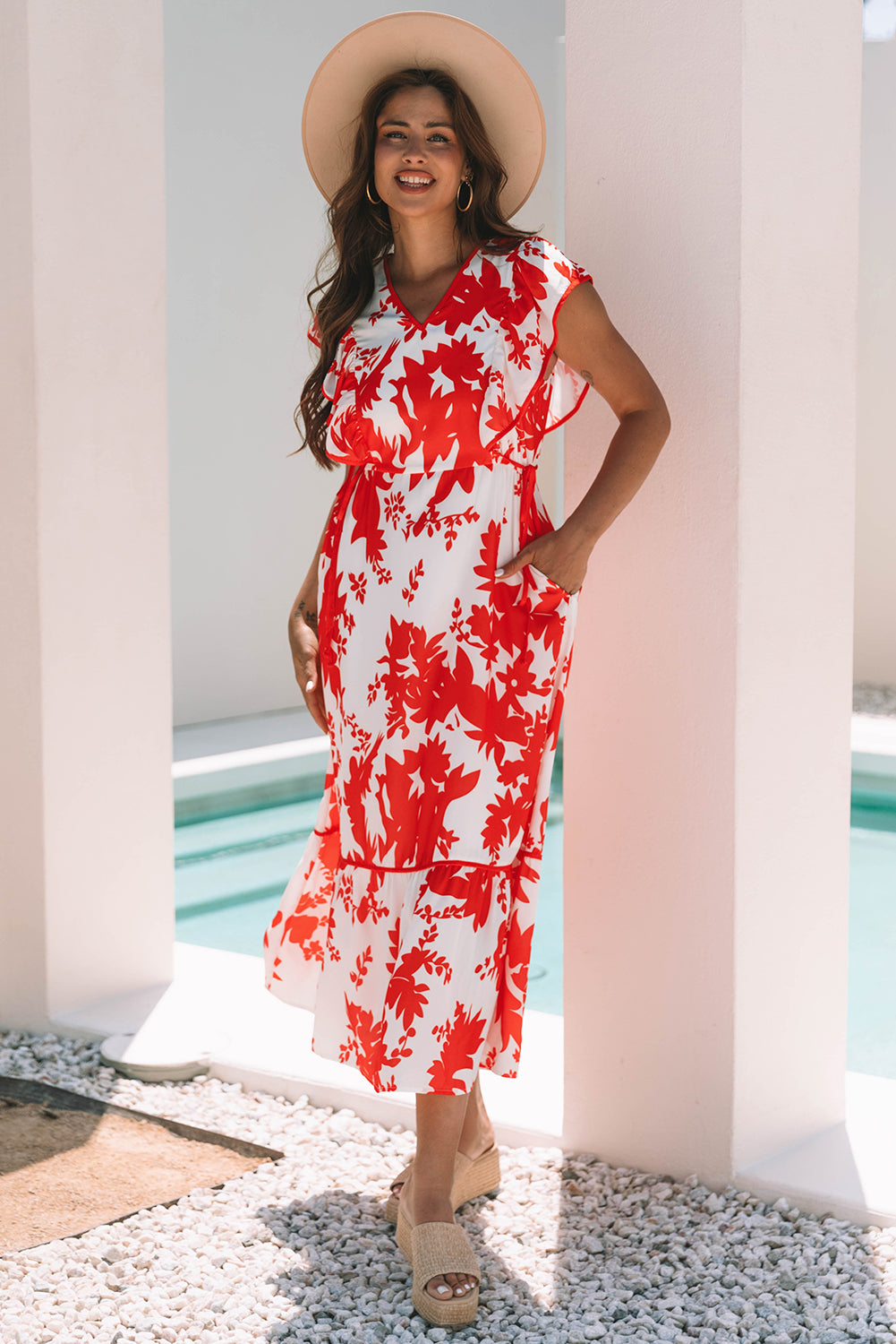 Red Floral Print Trimmed V Neck Ruffle Sleeve Long Dress S-XL