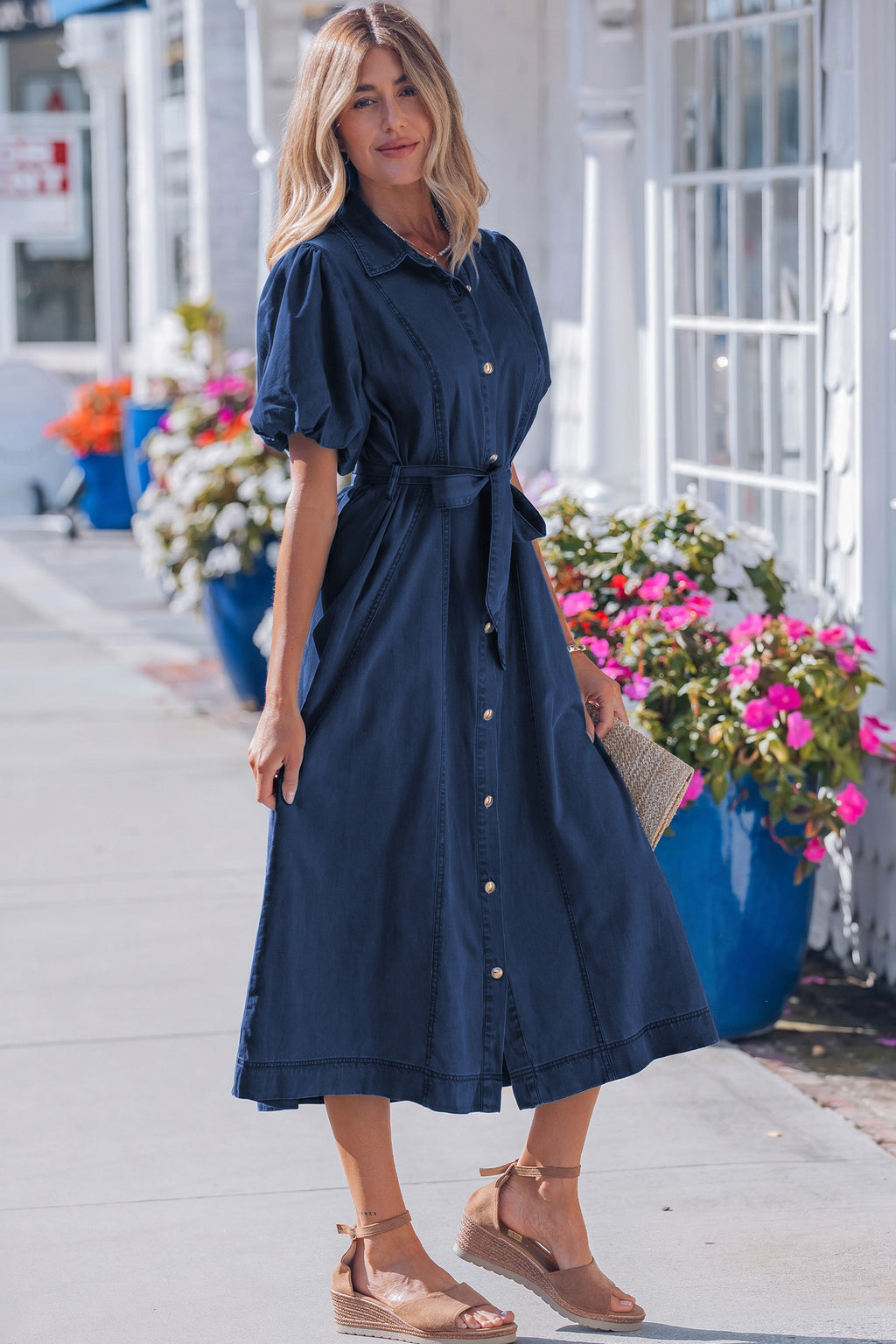 Women's Blue Button-Down Collared Bubble Sleeve Long Denim Dress at LivelyLooks